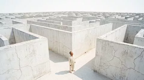 Figure in a white concrete maze