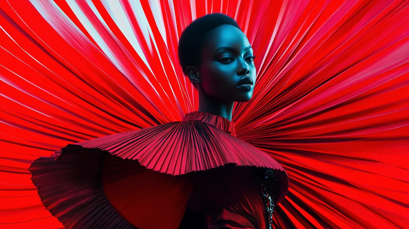 Model in a red pleated collar against a red wall