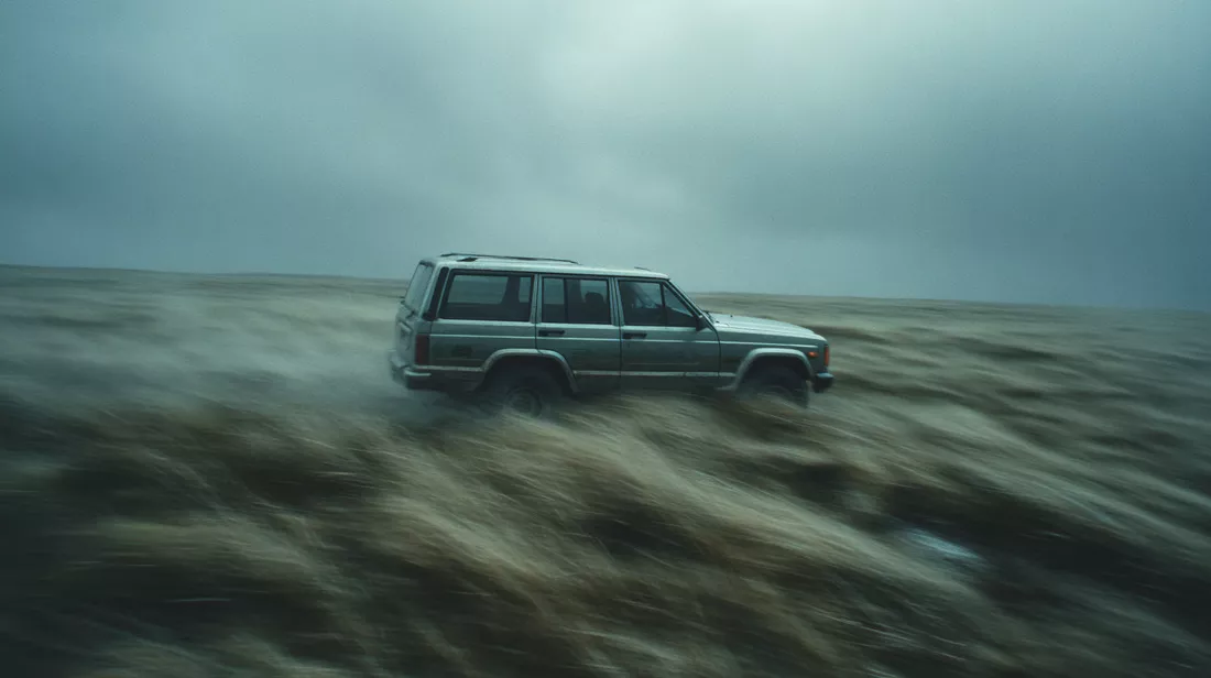 Four by four crossing a field in motion blur