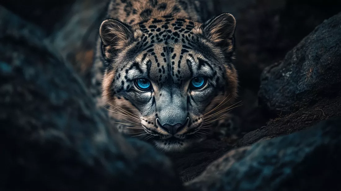Snow leopard in a rock crevice