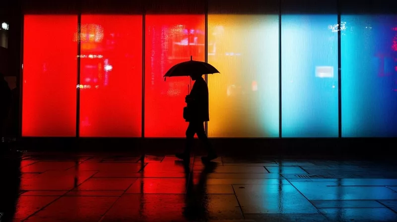 Silhouette with an umbrella in front of coloured glass